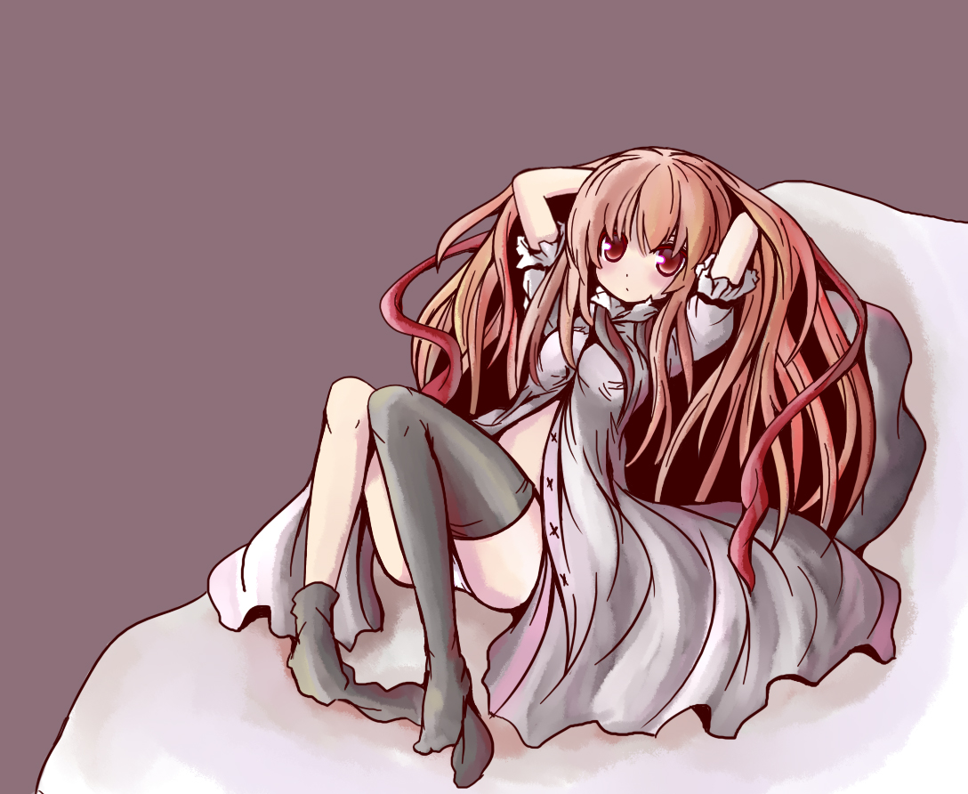 shio poteto, original, arms behind head, arms up, brown hair, dress, long hair, lying, open clothes, open dress, panties, red eyes, solo, thighhighs, underwear