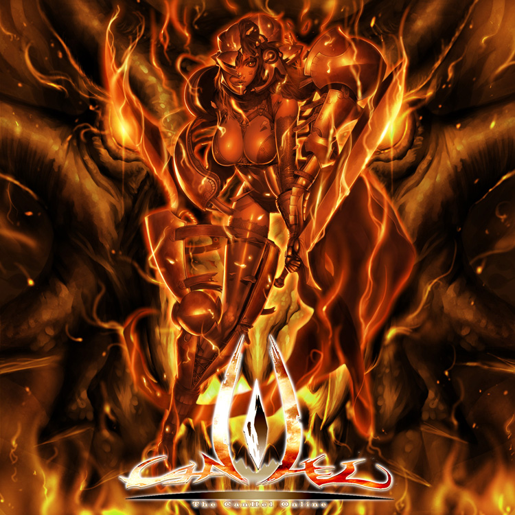 alien1452, canhel online, 1girl, belt, breasts, brown hair, cleavage, female focus, gloves, lingerie, red eyes, solo, sword, underwear, warrior, weapon