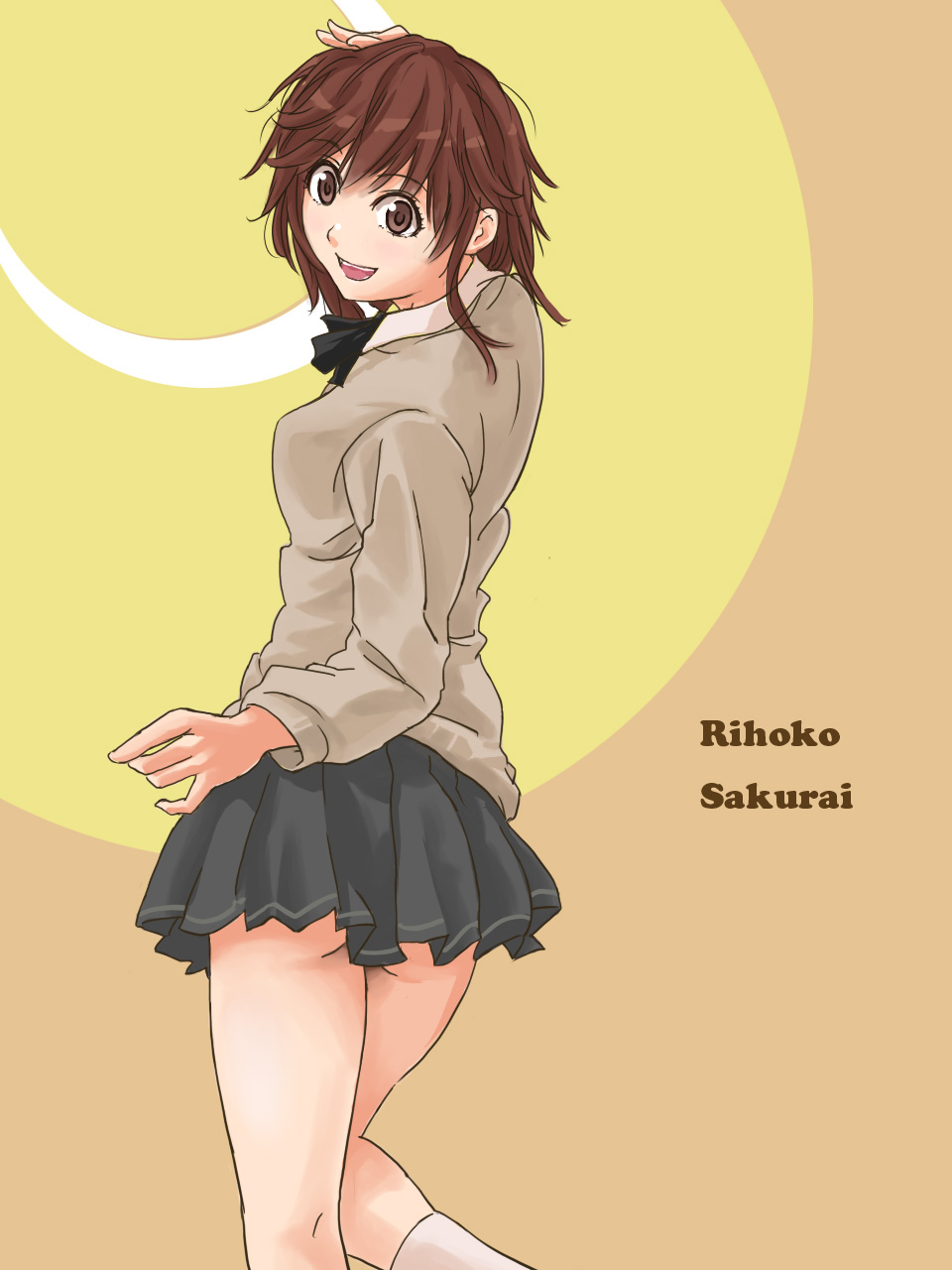 tomatoleon, sakurai rihoko, amagami, highres, brown eyes, brown hair, messy hair, pleated skirt, school uniform, short hair, skirt, solo, sweater