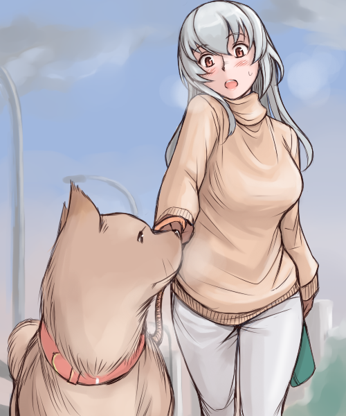 tsuda nanafushi, kunkun, suigintou, rozen maiden, silver hair, 00s, 1girl, aged up, breasts, casual, day, dog, female focus, glasses, large breasts, pants, sky, solo, sweater