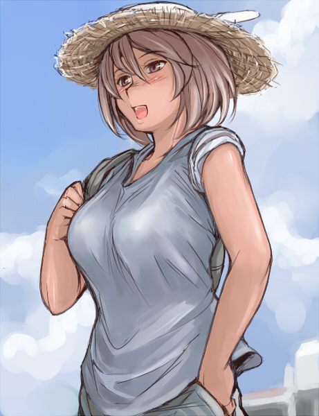 tsuda nanafushi, souseiseki, rozen maiden, 00s, 1girl, aged up, breasts, brown hair, casual, cloud, day, female focus, hat, large breasts, open mouth, short hair, sky, solo, straw hat, tan