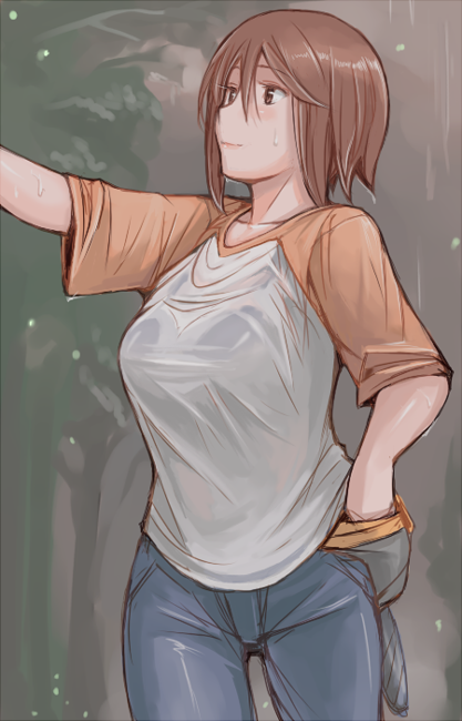 tsuda nanafushi, souseiseki, rozen maiden, 00s, 1girl, aged up, bra, breasts, brown hair, casual, denim, female focus, jeans, large breasts, lingerie, pants, rain, see-through clothes, short hair, solo, underwear, wet, wet clothes