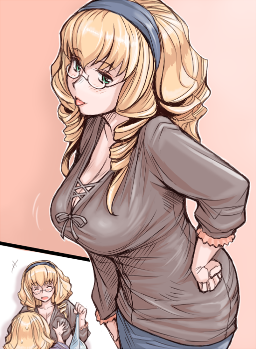tsuda nanafushi, hinaichigo, rozen maiden, 00s, 2girls, :p, aged up, blonde hair, breasts, casual, cleavage, drill hair, glasses, grabbing another's breast, groping, hairband, hand on own hip, hip focus, large breasts, multiple girls, tongue, tongue out