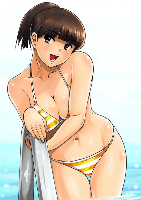 shu-z, lei fang, dead or alive, tecmo, 1girl, bikini, breasts, brown eyes, brown hair, cleavage, female focus, hip focus, long hair, ponytail, shiny skin, solo, striped bikini, striped clothes, swimsuit, wide hips, yellow bikini
