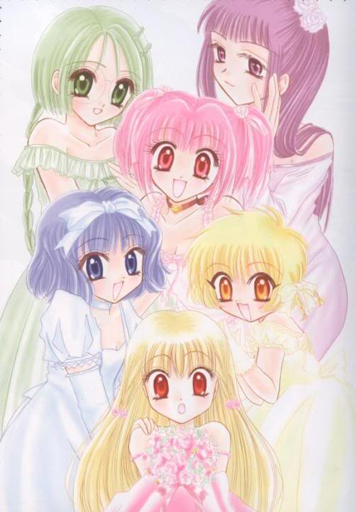 aizawa mint, fong pudding, fujiwara zakuro, midorikawa lettuce, momomiya ichigo, shirayuki berry, tokyo mew mew, tokyo mew mew a la mode, jpeg artifacts, official art, 00s, 6+girls, :d, :o, bare shoulders, bell, blonde hair, blue dress, blue eyes, blue hair, bouquet, bow, braid, choker, dress, flower, glasses, gloves, green dress, green eyes, green hair, hair bow, hair flower, hair ornament, hair ribbon, long hair, multiple girls, off shoulder, open mouth, pink dress, pink eyes, pink hair, purple dress, purple eyes, purple hair, red eyes, ribbon, rose, short hair, short twintails, smile, twin braids, twintails, yellow dress, yellow eyes