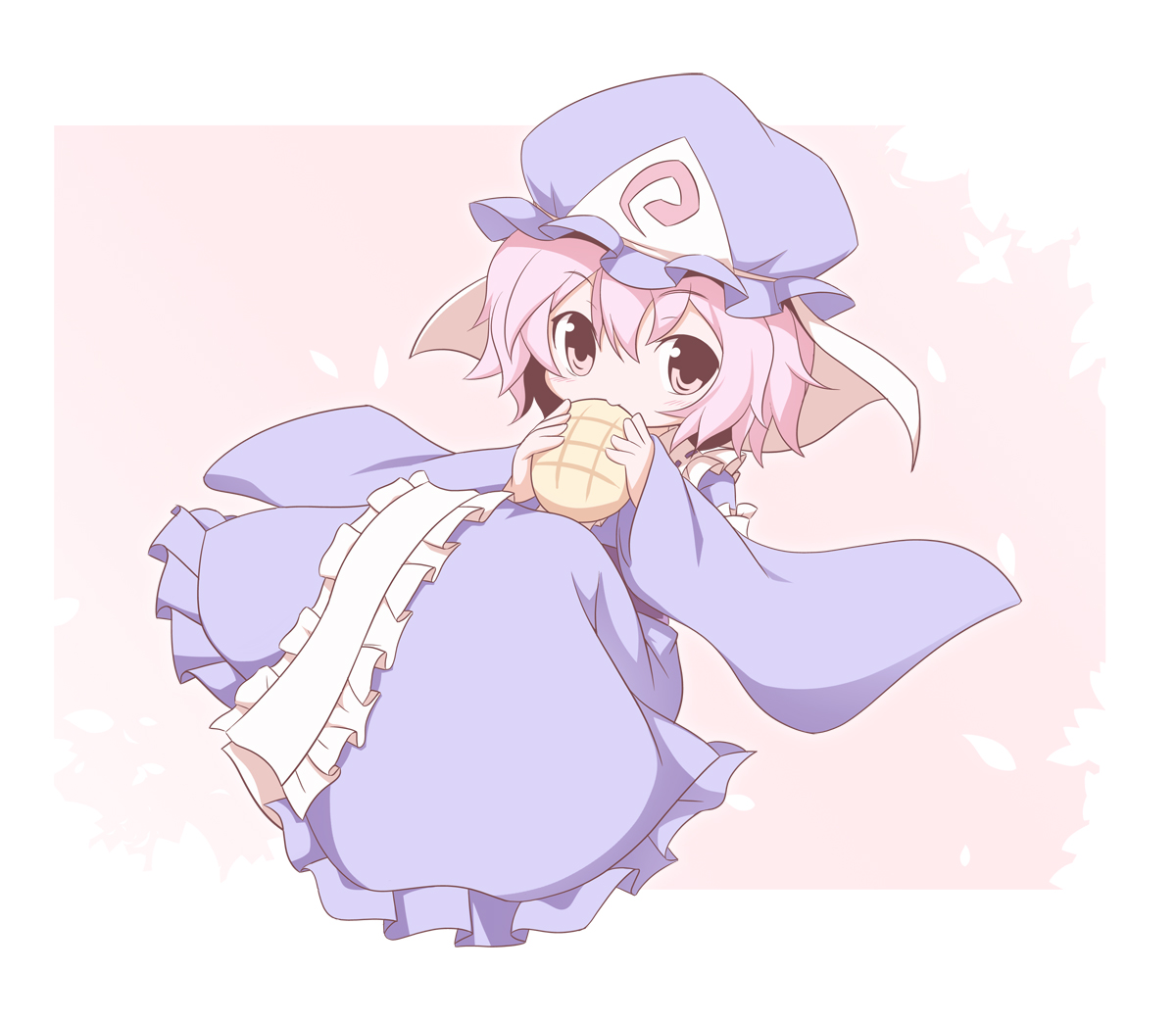 miko machi, saigyouji yuyuko, touhou, colorized, 1girl, eating, female focus, food, hat, looking at viewer, pink eyes, pink hair, short hair, solo