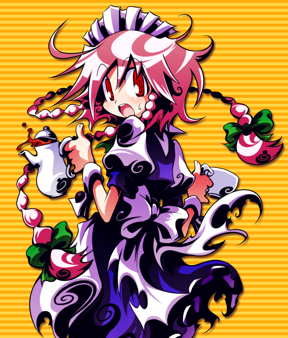 ichi (ichikai), izayoi sakuya, touhou, silver hair, 1girl, alternate hair length, alternate hairstyle, braid, carrying, cup, female focus, hair ribbon, long hair, looking at viewer, looking back, maid, maid headdress, open mouth, puffy sleeves, red eyes, ribbon, short hair, short sleeves, solo, striped background, tea, teacup, teapot, twin braids, wrist cuffs