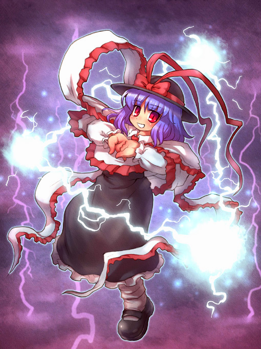 sankuma, nagae iku, touhou, 1girl, female focus, full body, hat, lightning, purple hair, red eyes, ribbon, short hair, solo