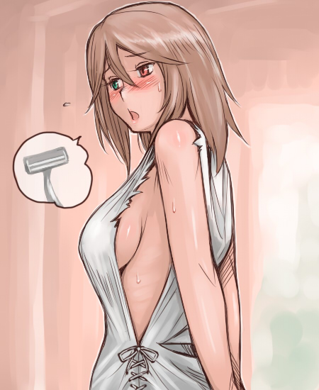 tsuda nanafushi, souseiseki, rozen maiden, 00s, 1girl, aged up, arms behind back, blush, breasts, brown hair, embarrassed, female focus, heterochromia, large breasts, no bra, razor, safety razor, sideboob, solo, sweat