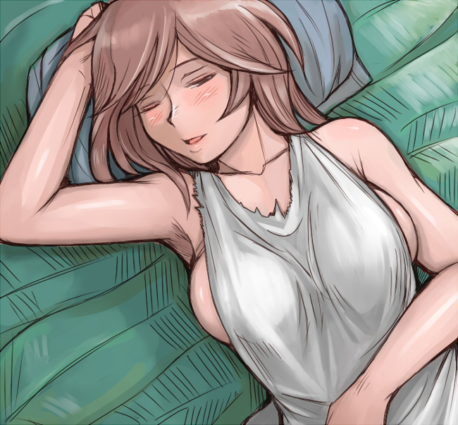 tsuda nanafushi, souseiseki, rozen maiden, 00s, 1girl, aged up, bare shoulders, blush, breasts, brown hair, closed eyes, female focus, large breasts, pillow, sideboob, sleeping, solo, tank top, torn clothes