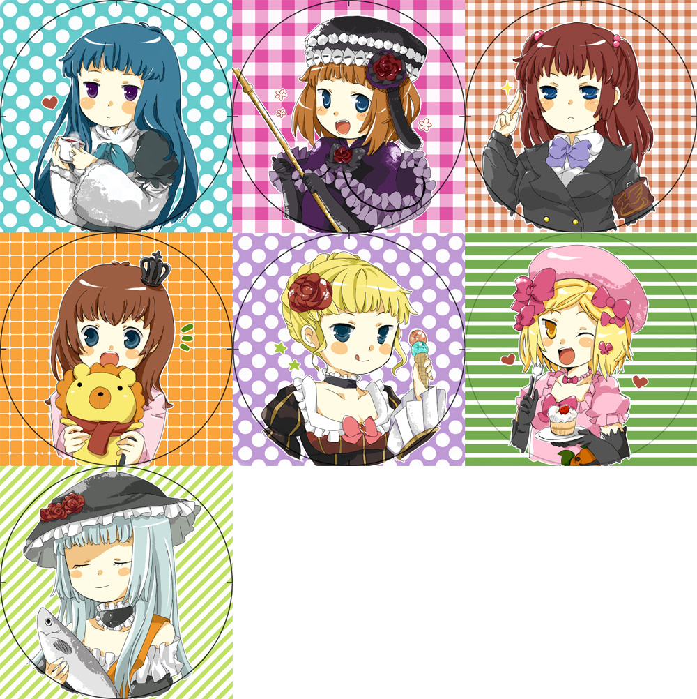 kyoro, beatrice (umineko), eva beatrice, frederica bernkastel, lambdadelta, sakutarou (umineko), ushiromiya ange, ushiromiya maria, virgilia (umineko), umineko no naku koro ni, silver hair, bad id, bad pixiv id, 00s, 6+girls, armband, blonde hair, blue eyes, blue hair, blush, bow, brown hair, choker, closed eyes, crown, dress, eating, flower, frills, hair bobbles, hair ornament, hat, multiple girls, orange hair, pink bow, pink hat, purple eyes, red hair, rose, scarf, yellow eyes