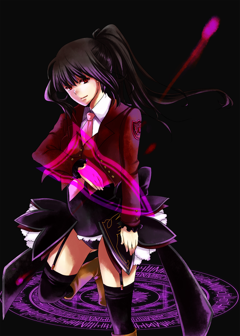 kuriko (scarlet sky), belphegor (umineko), umineko no naku koro ni, 00s, 1girl, black hair, female focus, necktie, pink necktie, ponytail, red eyes, smile, solo, thighhighs