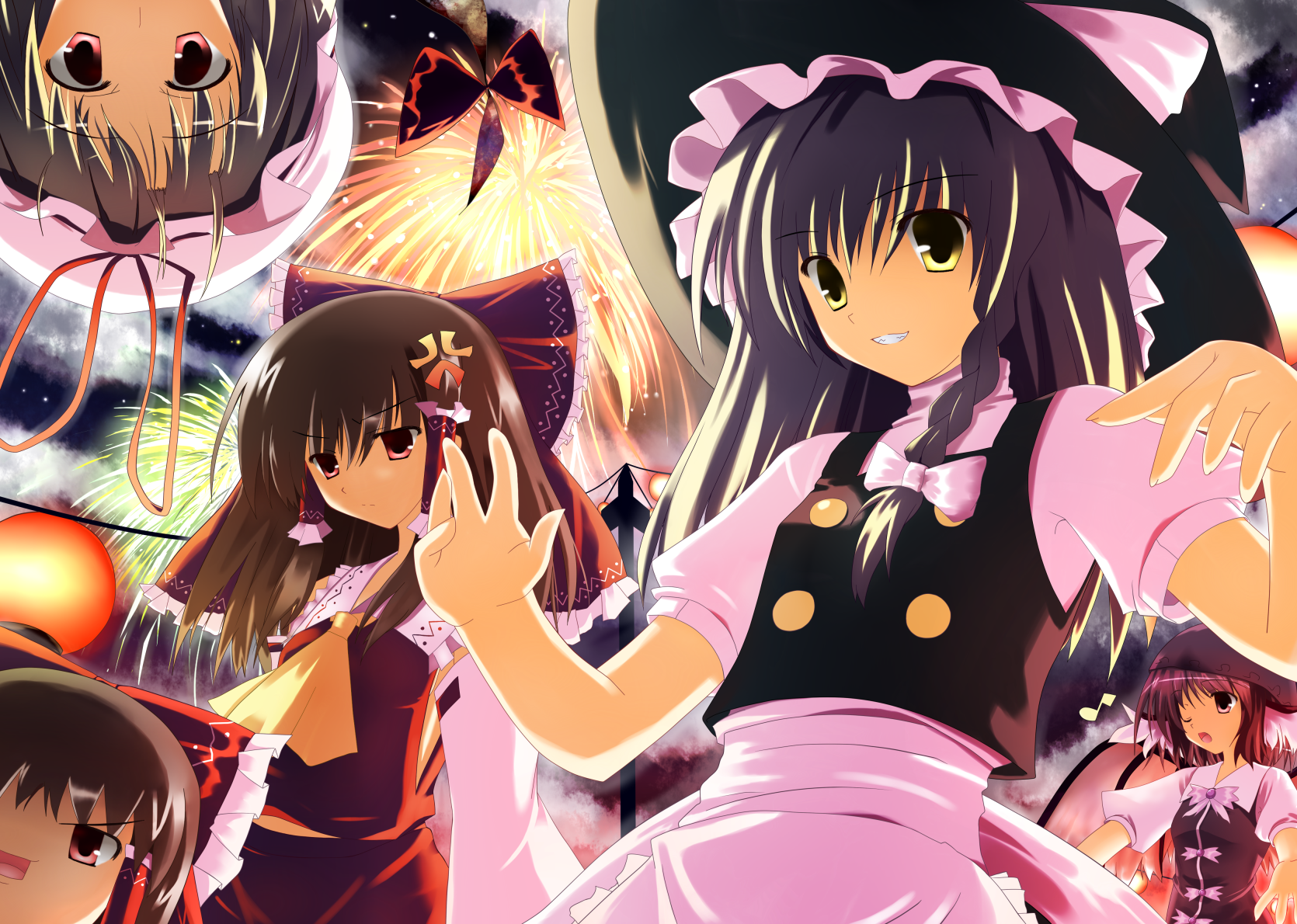 yuu yamiyo, hakurei reimu, kirisame marisa, mystia lorelei, yakumo yukari, touhou, bad id, bad pixiv id, highres, yukkuri shiteitte ne