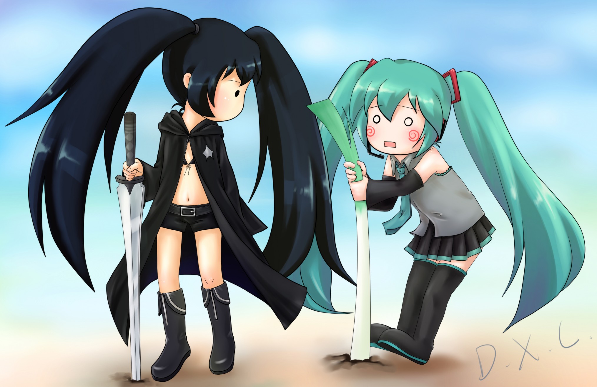 black rock shooter (character), hachune miku, hatsune miku, black rock shooter, vocaloid, highres, 10s, 2girls, aqua hair, black hair, chibi, coat, long hair, multiple girls, spring onion, thighhighs, twintails