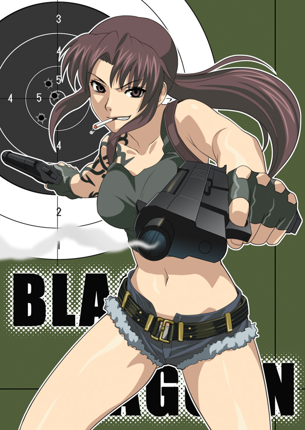 koutaro, revy (black lagoon), black lagoon, 00s, 1girl, arm tattoo, brown eyes, brown hair, cigarette, collarbone, denim, denim shorts, dual wielding, female focus, fingerless gloves, gloves, gun, hands on own hips, holding, midriff, navel, ponytail, short shorts, shorts, smoke, smoking, solo, tank top, tattoo, weapon