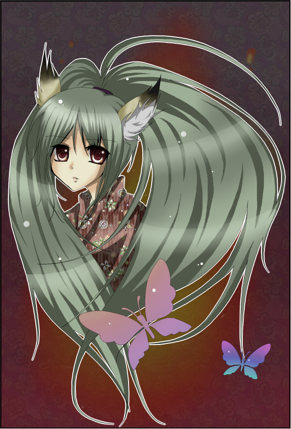 michi, original, bad id, bad pixiv id, animal ears, bug, butterfly, fang, fox ears, green hair, insect, long hair, ponytail, red eyes, solo