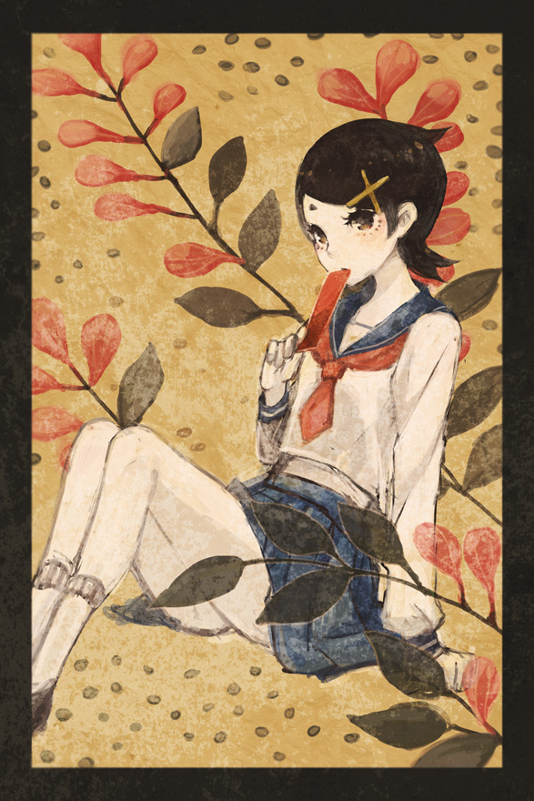 reika (artist), reika (clovia studio), fuura kafuka, sayonara zetsubou sensei, 00s, 1girl, black hair, brown eyes, female focus, hair ornament, hairclip, mouth hold, school uniform, serafuku, short hair, sitting, skirt, socks, solo, white socks