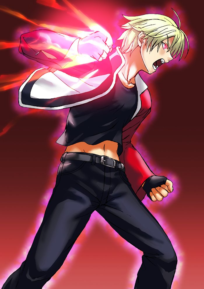 lithiumia, uchiga, rock howard, fatal fury, garou: mark of the wolves, snk, the king of fighters, 1boy, angry, blonde hair, clenched hands, energy, glowing, glowing eye, jacket, male focus, open mouth, pants, red background, red eyes, shirt, solo
