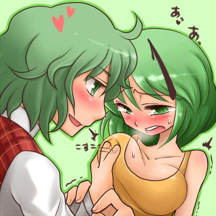 daitai konna kanji, kazami yuuka, wriggle nightbug, touhou, 2girls, alternate breast size (larger), antennae, blush, breasts, breasts apart, breath, female focus, grabbing another's breast, green eyes, green hair, groping, large breasts, multiple girls, plaid clothes, plaid vest, short hair, sweat, tank top, tears, vest, yuri