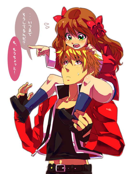 akiyama (yamagoya), arima miyako, rock howard, fatal fury, garou: mark of the wolves, m.u.g.e.n, melty blood, snk, tsukihime, bad id, bad pixiv id, translated, 00s, blush, bow, carrying, chinese clothes, crossover, fingerless gloves, gloves, green eyes, hair bow, jacket, midriff, popped collar, shoulder carry