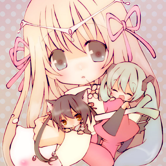 55 (pixiv), hatsune miku, high priest (ragnarok online), nakano azusa, poring, k-on!, ragnarok online, vocaloid, bad id, bad pixiv id, 00s, 3girls, animal ears, aqua hair, bare shoulders, black hair, blonde hair, blue eyes, blush, brown eyes, cat ears, chibi, closed eyes, detached sleeves, happy, headphones, long hair, maid, multiple girls, ribbon, skirt, socks, spring onion, twintails, very long hair