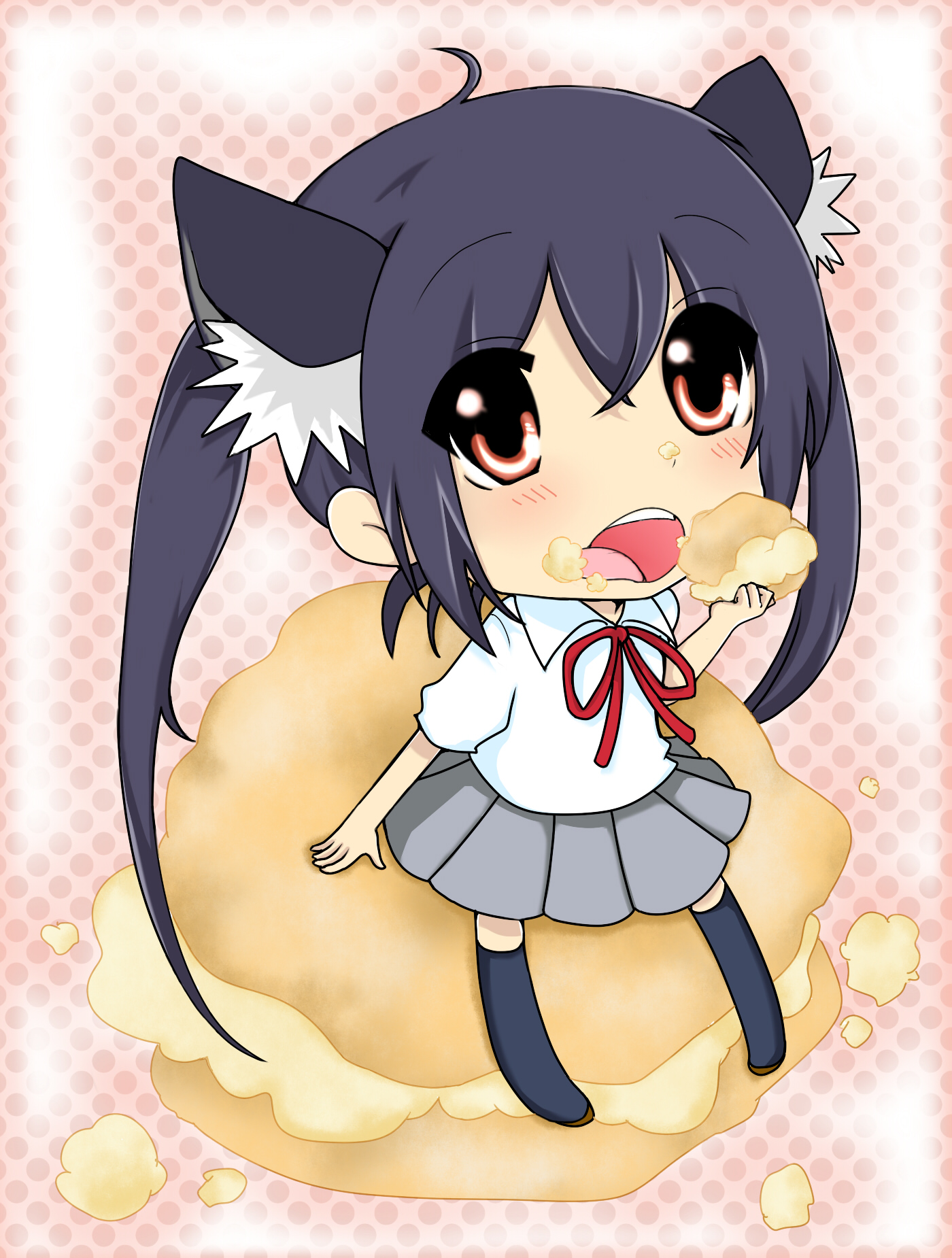 yuchi (pixiv), nakano azusa, k-on!, highres, 00s, 1girl, animal ears, black hair, blush, brown eyes, cat ears, chibi, eating, female focus, food, food on face, long hair, neck ribbon, open mouth, red ribbon, ribbon, round teeth, school uniform, sitting, skirt, socks, solo, teeth, twintails