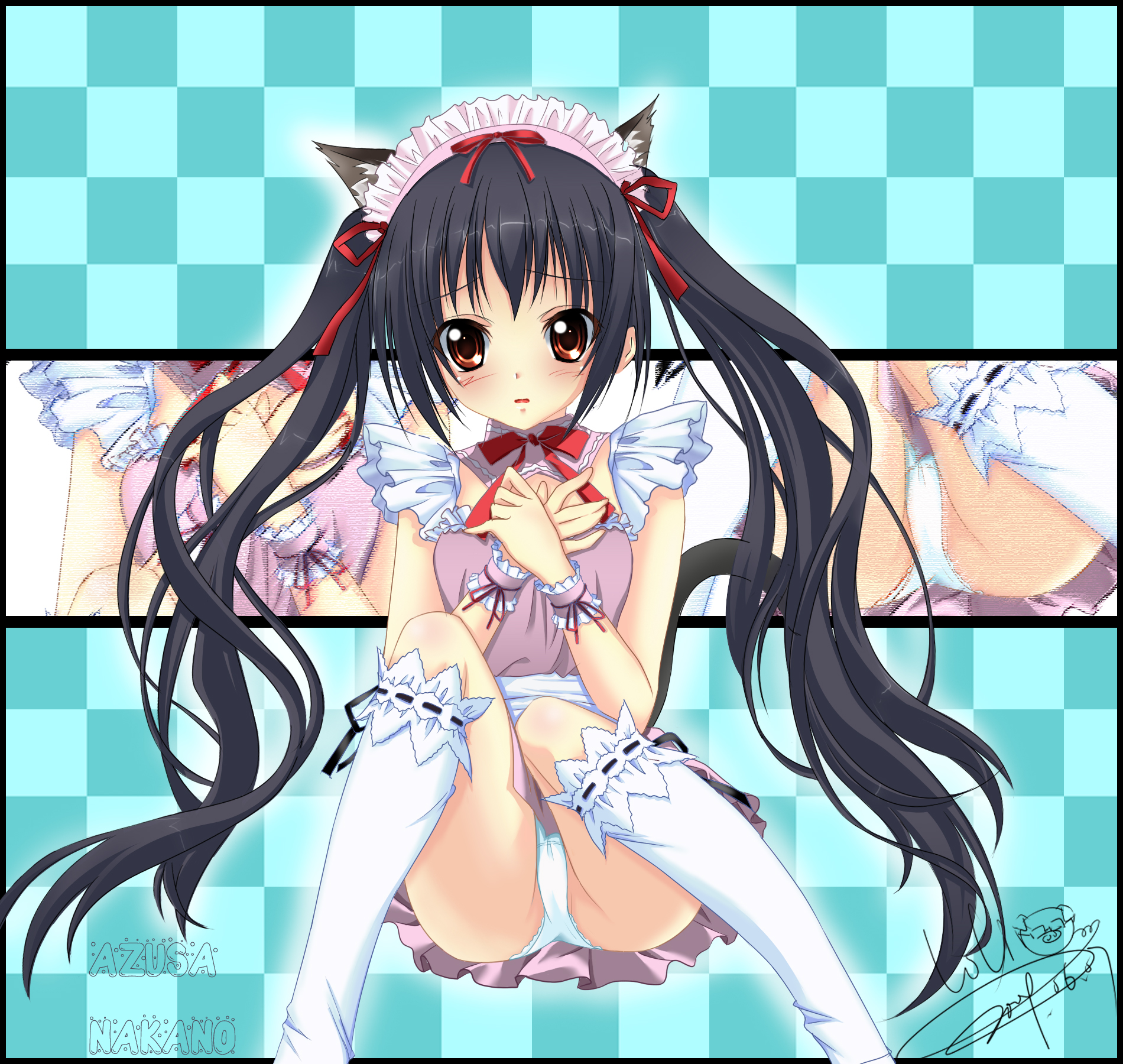 inoshishi, loli-pig, nakano azusa, k-on!, highres, 00s, 1girl, animal ears, black hair, blush, brown eyes, cat ears, cat tail, checkered background, female focus, hairband, kneehighs, long hair, panties, ribbon, sitting, skirt, socks, solo, tail, twintails, underwear, upskirt