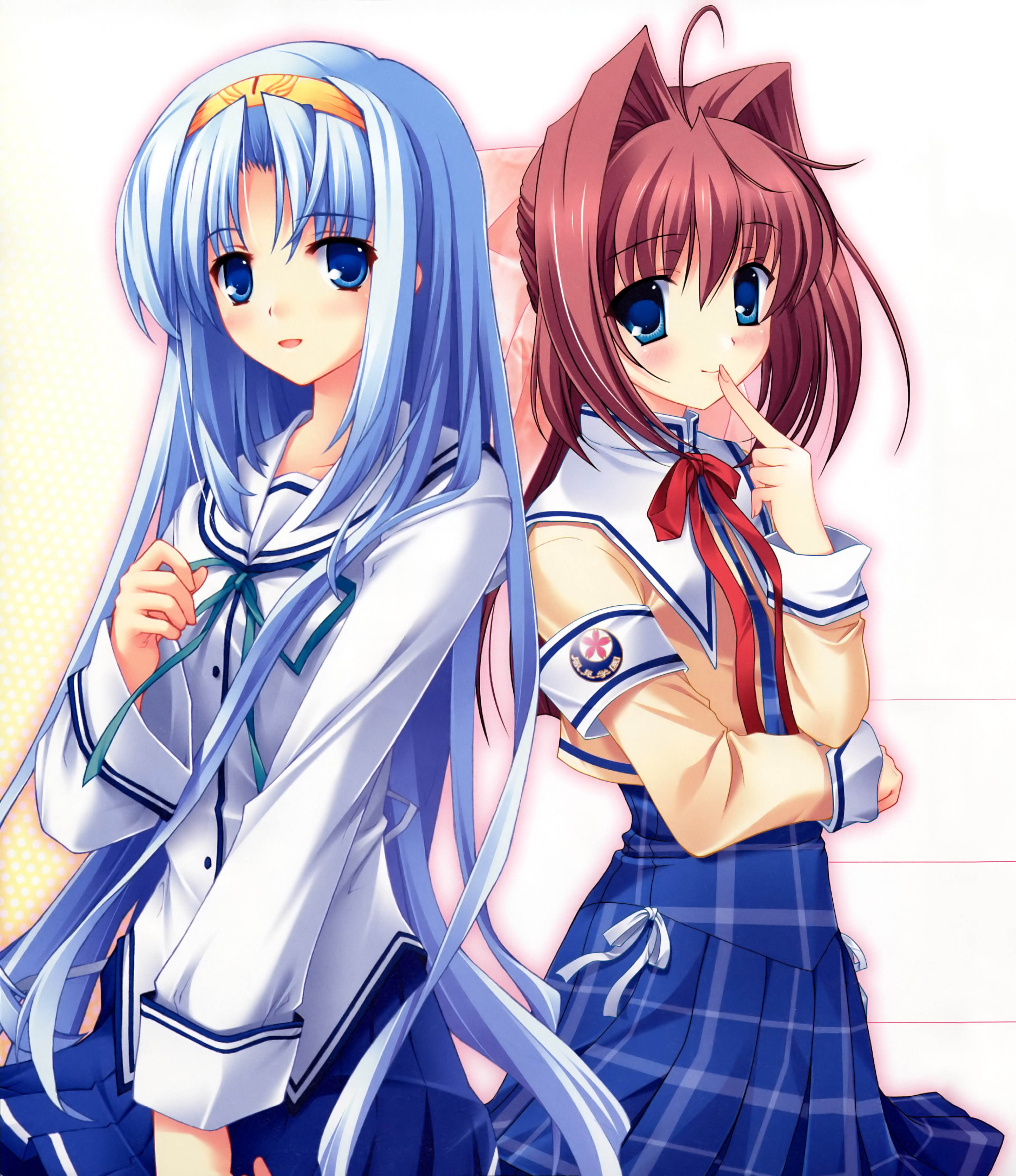 akisoba, kayura yuka, asakura otome, kyrie rason, da capo, da capo ii, valkyrie complex, plaid, absurdres, highres, 00s, 2girls, ahoge, armband, back-to-back, blue eyes, blue hair, blush, finger to mouth, hairband, long hair, multiple girls, pink hair, ribbon, school uniform, skirt, smile, very long hair