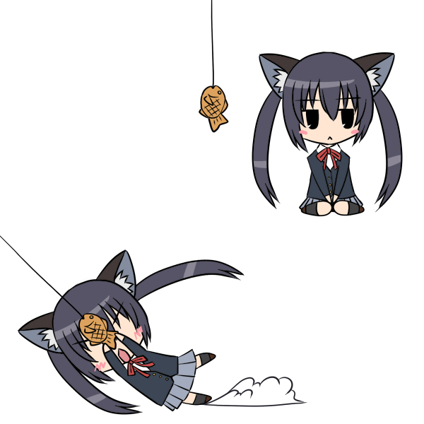 gan-metal, q-v (levia), nakano azusa, k-on!, bad id, bad pixiv id, 00s, 1girl, :<, animal ears, black eyes, black hair, blush, cat ears, chibi, closed eyes, female focus, fish, fishing line, food, long hair, school uniform, sitting, skirt, socks, solo, taiyaki, twintails, wagashi