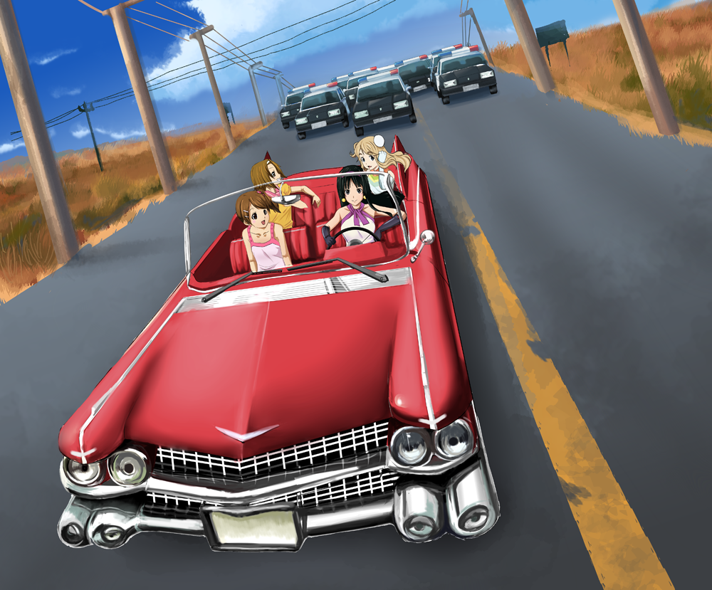 hcmxf993, zaki (pixiv), akiyama mio, hirasawa yui, kotobuki tsumugi, tainaka ritsu, cadillac, fuwafuwa time, k-on!, 4girls, bare shoulders, black eyes, black hair, blonde hair, blunt bangs, brown eyes, brown hair, cadillac el dorado, car, dress, gloves, hair ornament, hairband, hairclip, hime cut, ho-kago tea time, long hair, motor vehicle, multiple girls, parody, police, police car, short hair, smile, vehicle focus
