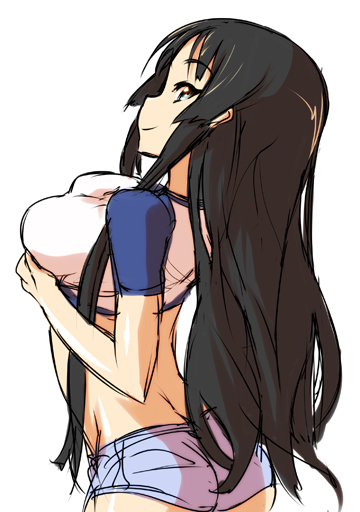 nekomamire, akiyama mio, k-on!, 00s, 1girl, ass, back, black eyes, black hair, blunt bangs, breast lift, breasts, butt crack, denim, denim shorts, female focus, hime cut, large breasts, long hair, looking back, midriff, raglan sleeves, short shorts, shorts, simple background, sketch, smile, solo