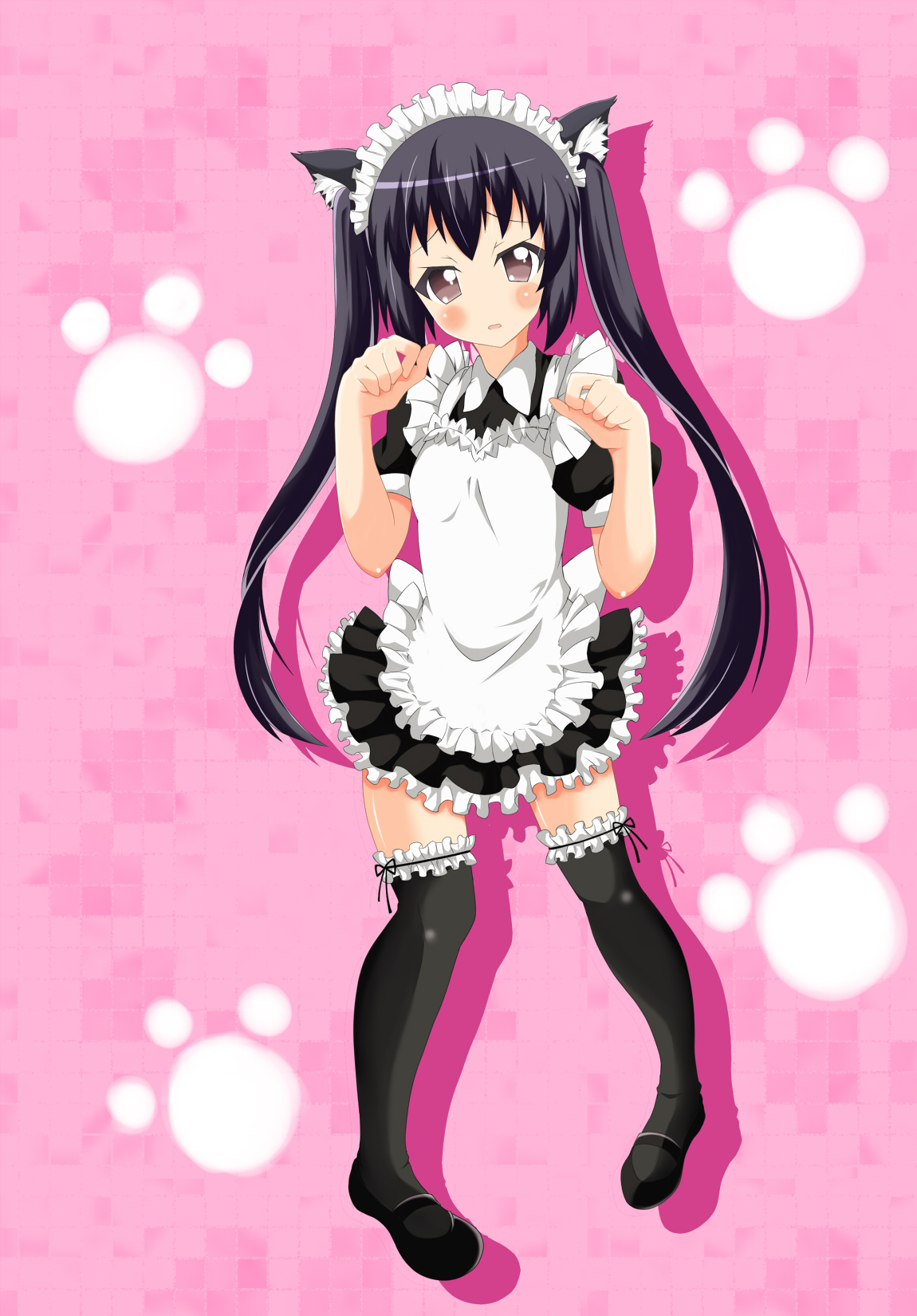 mottsu, nakano azusa, k-on!, bad id, bad pixiv id, highres, 00s, animal ears, apron, black hair, blush, brown eyes, cat ears, hairband, long hair, maid, maid apron, paw pose, ribbon, skirt, socks, thighhighs, twintails, zettai ryouiki