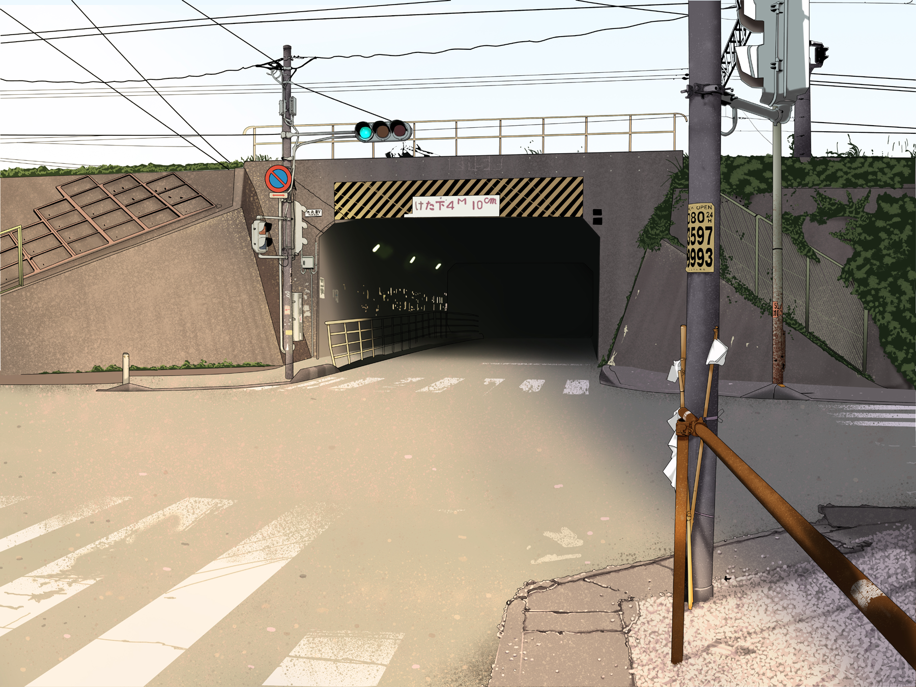 ushisuke, bad id, bad pixiv id, highres, city, crosswalk, power lines, road, scenery, street, traffic light, tunnel