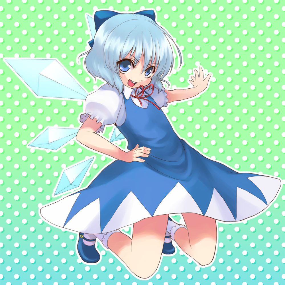 kajo, cirno, embodiment of scarlet devil, touhou, bad id, bad pixiv id, 1girl, blue eyes, blue hair, dress, female focus, full body, gradient background, mary janes, matching hair/eyes, shoes, short hair, solo, wings
