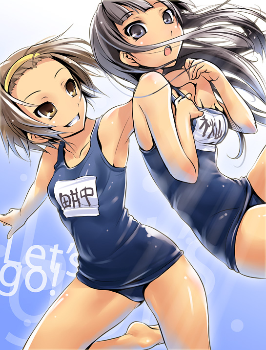 nilitsu, akiyama mio, tainaka ritsu, k-on!, 00s, 2girls, armpits, barefoot, grin, hand under clothes, multiple girls, one-piece swimsuit, school swimsuit, smile, swimsuit, yuri