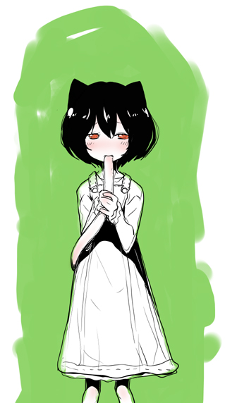 aoki shin, tail biting, 1girl, animal ears, biting, biting own tail, black hair, blush, cat ears, cat tail, female focus, green background, monochrome, red eyes, simple background, solo, spot color, tail