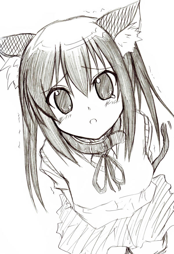 aya sugi motonari, ayasugi motoya, nakano azusa, k-on!, 00s, 1girl, animal ears, bdsm, black hair, blush, bondage, bound, cat ears, cat tail, collar, female focus, greyscale, long hair, looking up, monochrome, open mouth, school uniform, skirt, solo, tail, tears, twintails