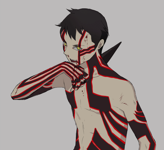 harano, demi-fiend, atlus, megami tensei, shin megami tensei, shin megami tensei iii: nocturne, animated, animated gif, 1boy, black hair, blood, male focus, neon trim, solo, yellow eyes