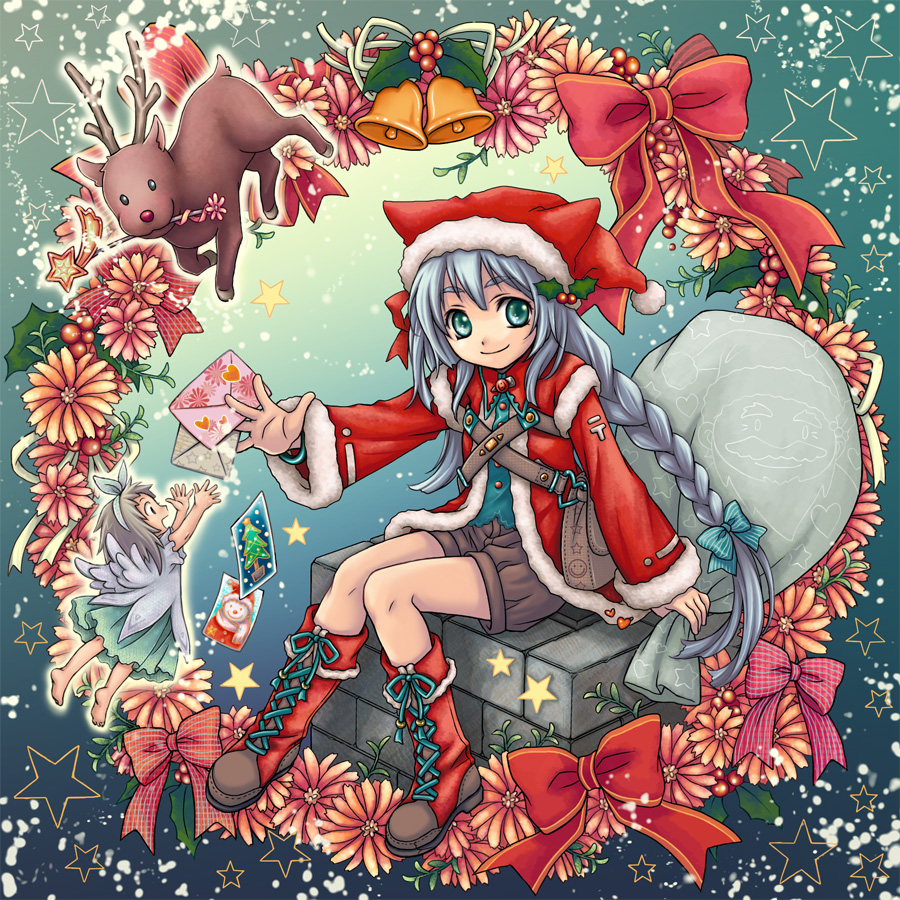 hinonekoku, original, 1girl, animal hat, aqua eyes, bell, blue hair, boots, bow, braid, christmas, female focus, flower, hair bow, hat, reindeer, sack, santa costume, santa hat, solo