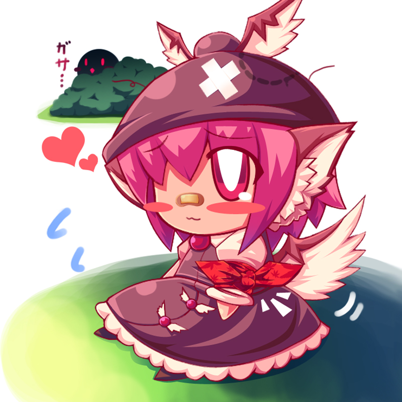 raion-san, mystia lorelei, touhou, 1girl, animal ears, bite mark, chibi, female focus, hat, heart, outdoors, pink eyes, pink hair, plant, short hair, sitting, solo, wings