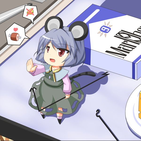 urushi, nazrin, touhou, 1girl, animal ears, blue hair, boned meat, cheese, circled 9, female focus, food, grey hair, heart, jewelry, marlboro, meat, mouse (animal), mouse ears, mouse tail, open mouth, parody, pendant, red eyes, short hair, tail