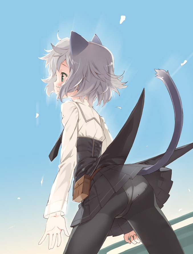 murasawa hiroshi, sanya v. litvyak, strike witches, world witches series, silver hair, uniform, 00s, 1girl, animal ears, ass, black pantyhose, day, female focus, from below, green eyes, panties, panties under pantyhose, pantyhose, pantyshot, short hair, sky, solo, tail, underwear, upskirt, weapon, wind, wind lift