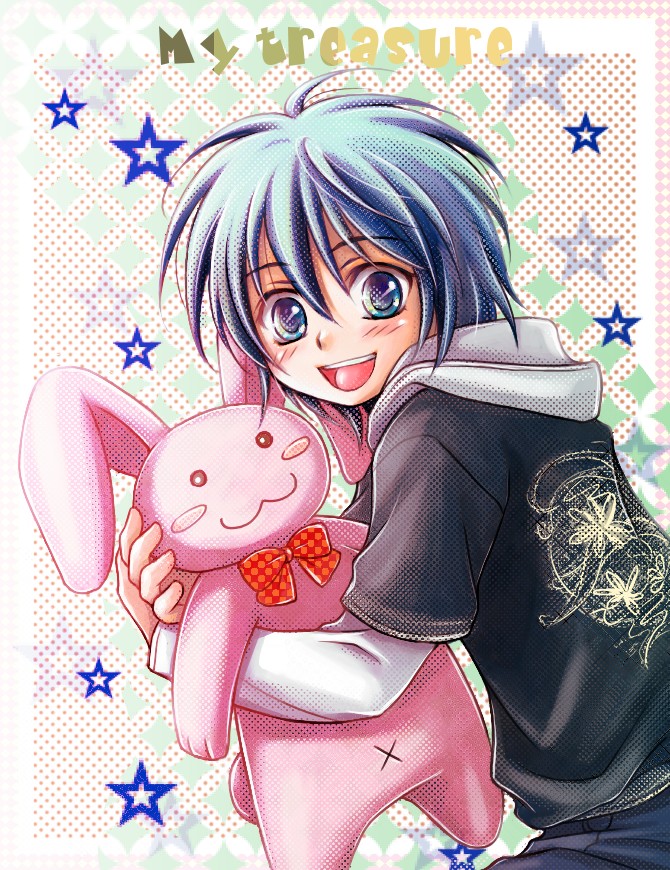 hinonekoku, original, gender request, androgynous, blue eyes, blue hair, matching hair/eyes, short hair, solo, stuffed animal, stuffed rabbit, stuffed toy