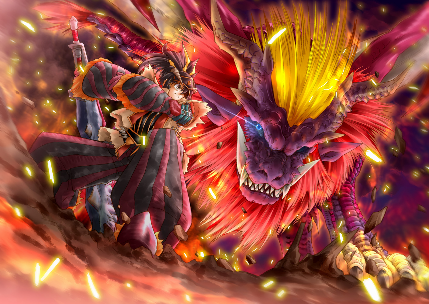 muranako, teostra, capcom, monster hunter (series), dragon, fangs, fire, glowing, glowing eye, glowing eyes, rajang (armor), sword, weapon