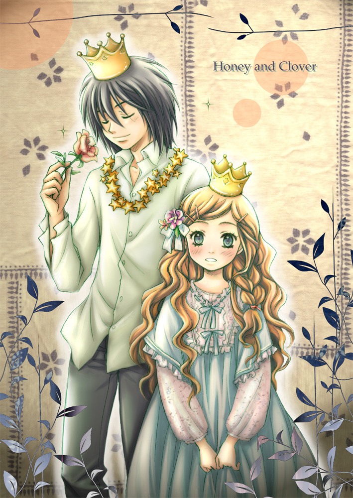 hinonekoku, hanamoto hagumi, morita shinobu, honey and clover, 00s, black hair, blonde hair, blue eyes, blush, closed eyes, crown, flower, long hair