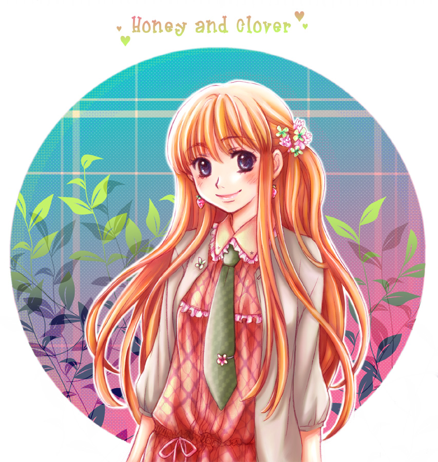 hinonekoku, yamada ayumi, honey and clover, 00s, 1girl, blue eyes, casual, circle, clover, clover hair ornament, copyright name, earrings, female focus, flower, food, four-leaf clover, fruit, gradient background, hair flower, hair ornament, half updo, jewelry, leaf, long hair, necktie, orange hair, plaid background, smile, solo, strawberry