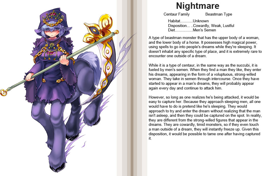kenkou cross, nightmare (monster girl encyclopedia), monster girl encyclopedia, hard-translated, official art, third-party edit, translated, 1girl, animal ears, beastman, blue hair, blush, centaur, character profile, english text, female focus, hair over eyes, hood, horse, horse ears, monster girl, robe, scythe, solo, taur