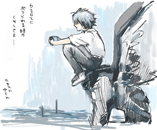 lrk, nagisa kaworu, neon genesis evangelion, translation request, 1boy, grey hair, handheld game console, male focus, playstation portable, sitting, solo, statue