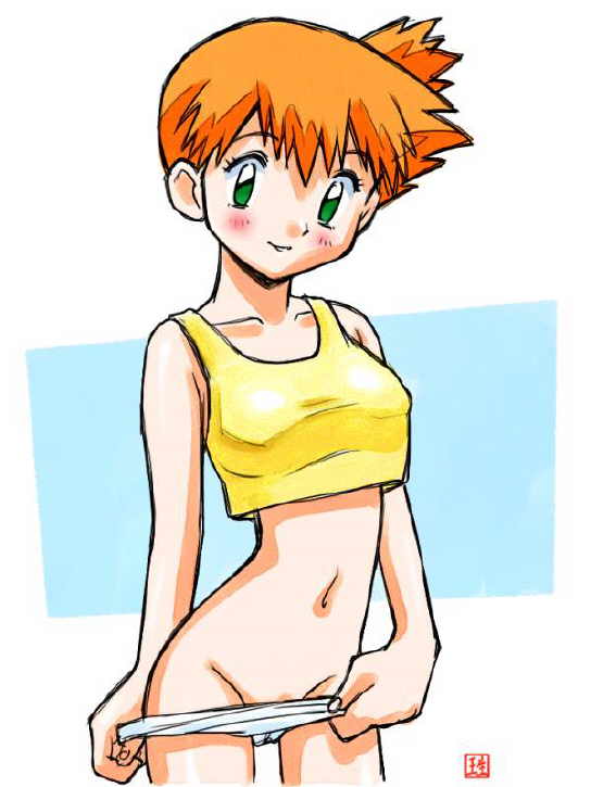 ikurumi kaoru, misty (pokemon), nintendo, pokemon, pokemon (anime), jpeg artifacts, 1girl, blush, breasts, female focus, green eyes, groin, gym leader, medium breasts, navel, no pants, orange hair, panties, panty pull, side ponytail, solo, tank top, underwear, white panties