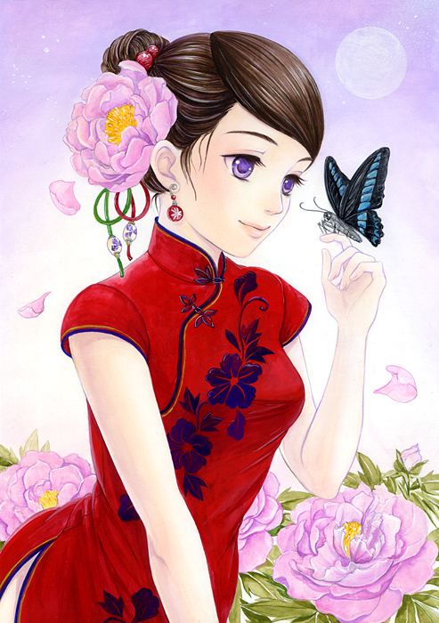 toyoda izumi, original, bad id, bad pixiv id, 1girl, breasts, brown hair, bug, butterfly, butterfly on hand, china dress, chinese clothes, dress, earrings, eyelashes, female focus, flower, full moon, hair bun, hair ornament, insect, jewelry, medium breasts, moon, plant, plum blossoms, purple background, purple eyes, side slit, single hair bun, smile, solo, swept bangs